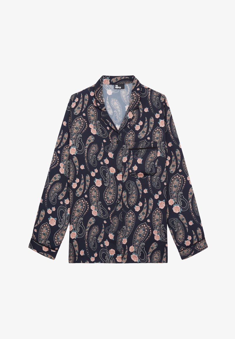 Camicia blu navy a fantasia con design paisley e floreali, maniche lunghe, colletto, taschino anteriore e una texture di tessuto morbida e liscia.