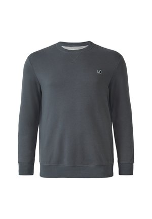 Dunkelgrauer Langarm-Crewneck-Sweatshirt mit gerippten Bündchen und Saum, versehen mit einem kleinen quadratischen Logo auf der oberen linken Brust.