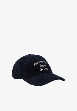 Navy corduroy cap with a curved brim, featuring white embroidered text "Less Monday More Sunday" on the front panel.