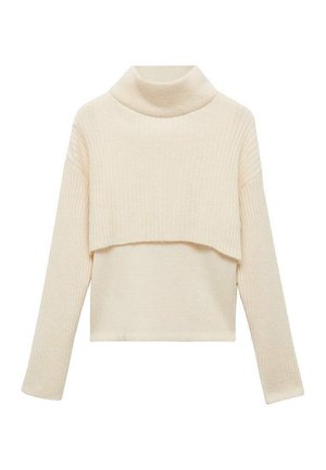 Kremfarvet ribstrikket rullekrave-sweater med lagdelt, kort design og lange ærmer.