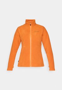 Oranger Fleecejacke mit hohem Kragen und Frontreißverschluss, ausgestattet mit zwei seitlichen Taschen und einem dezenten Logo auf der Brust. Weiche Textur.
