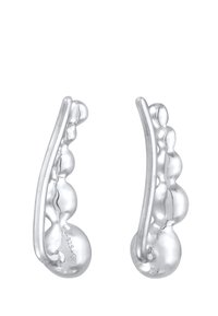 Sølvøreringe med et bøjet, forlænget design og sfæriske accenter langs længden, der fremhæver en poleret og reflekterende overflade.