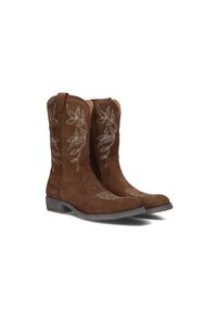 Bruine suède cowboylaarzen met witte bladpatroonstiksels en lage hakken, weergegeven in een hoek op een witte achtergrond.