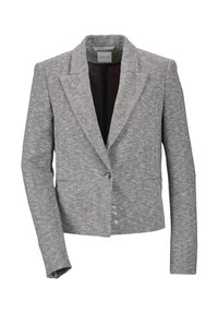 Grau gestreifter Blazer mit Reverskragen, einreihiger Knopfverschluss und zwei frontalen Taschen. Der Stoff hat eine strukturierte Oberfläche.
