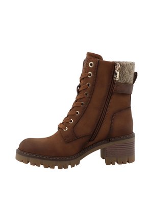 Botte marron à lacets jusqu’à la cheville avec talon épais, fermeture éclair latérale et bordure en tissu tricoté au niveau du col. Semelle robuste pour une bonne adhérence et détails cousus.