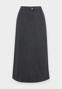 Črna denim krilo s ravnim krojem, opremljeno s podrobnostmi na sprednjem delu, dvema žepoma, zankami za pas ter gumbom za zapiranje na pasu.