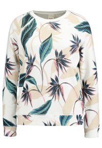 Sweat-shirt blanc avec un motif floral tropical aux feuilles turquoise et roses, col arrondi et poignets côtelés. Texture de tissu douce.