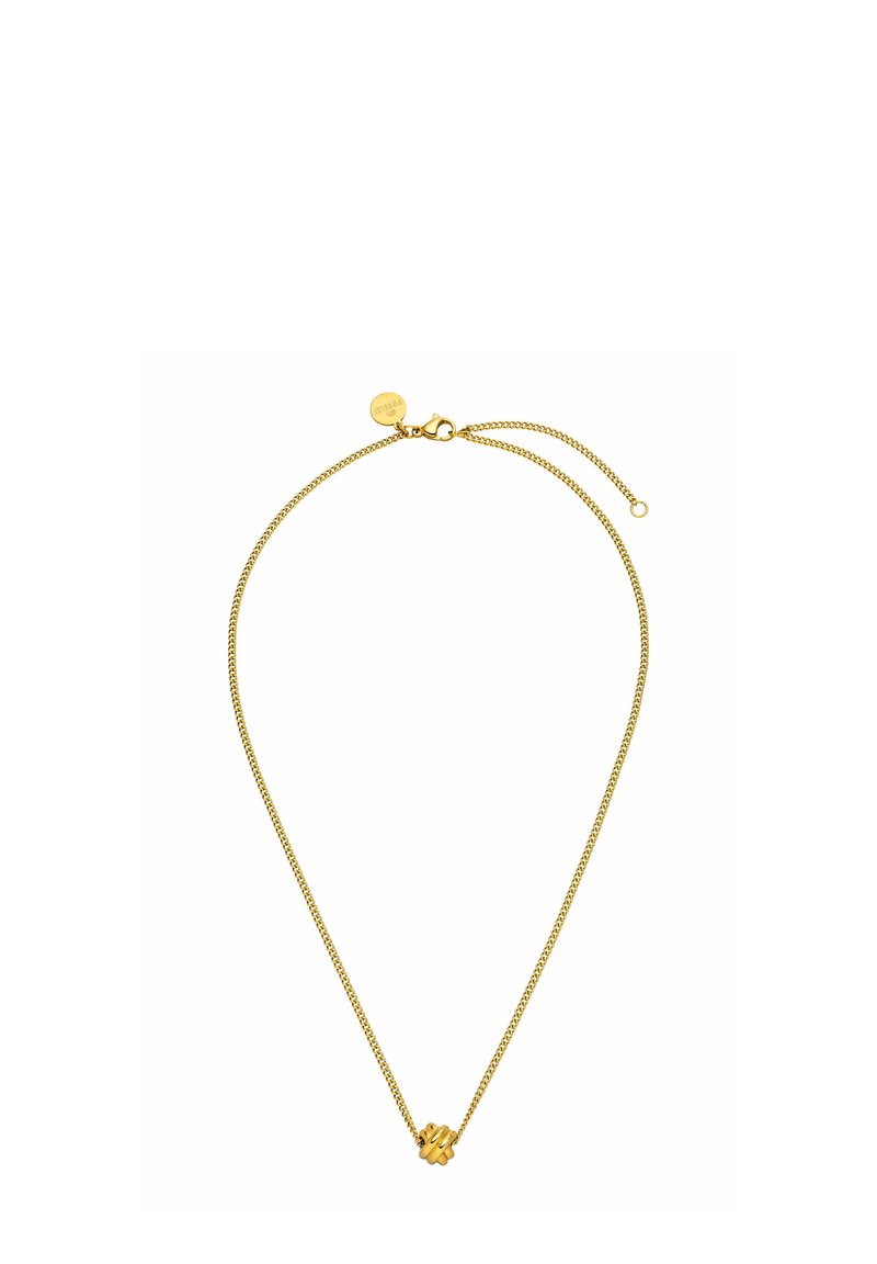 Collier en or avec un design épuré, présentant un fermoir texturé et un détail de nœud décoratif au centre pour un intérêt visuel supplémentaire.