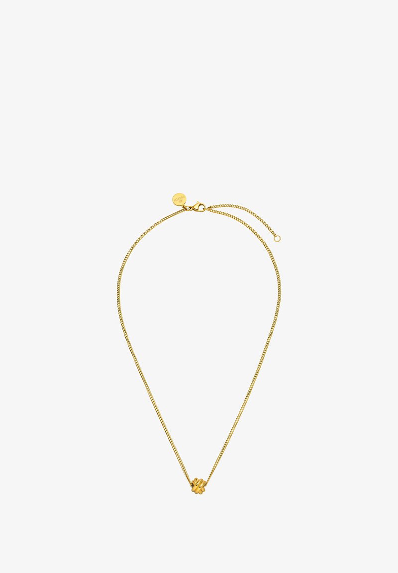 Goldene Kettenhalskette mit einem schlanken Design, das einen strukturierten Verschluss und ein dekoratives Knotendetail in der Mitte aufweist, um visuelles Interesse zu erhöhen.