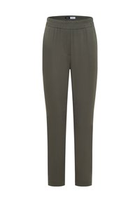 Pantalon droit vert olive avec ceinture élastique et tissu lisse, présenté de face sur fond blanc.