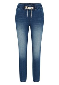 Pantalon de jogging en denim bleu avec ceinture élastique et cordon blanc, effet délavé sur les cuisses avant et coupe fuselée.