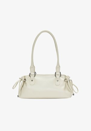 Beige Lederhandtasche mit glatter Textur, zwei runden Griffen und verstellbaren Krawattenakzenten an beiden Seiten. Verfügt über Hardware in Silberoptik.