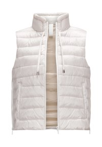 Gepolsterte weiße Weste mit hohem Kragen, Frontreißverschluss und zwei Seitentaschen. Verfügt über horizontale Steppungen mit einer glatten, glänzenden Textur.