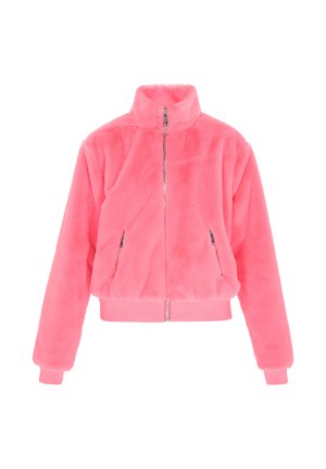 Giacca in pelliccia sintetica di un vivace rosa, con colletto alto, chiusura a zip frontale e polsini e orlo a costine. Due tasche laterali con chiusura a zip.