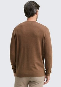 Brauner Strickpullover mit langen Ärmeln und Rundhalsausschnitt. Glatte Textur und gerippte Bündchen. Ansicht von hinten, keine auffälligen Designelemente.