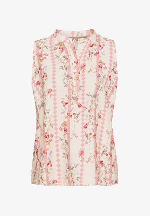Sleevless bluse i creme med pink blomster- og geometriske mønstre, med knaplukning og mandarinkrave.