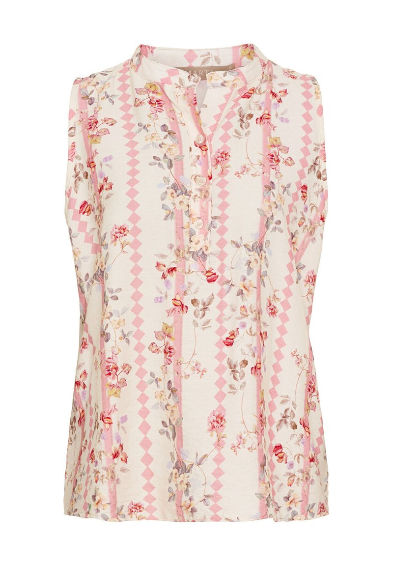 Sleevless bluse i creme med pink blomster- og geometriske mønstre, med knaplukning og mandarinkrave.