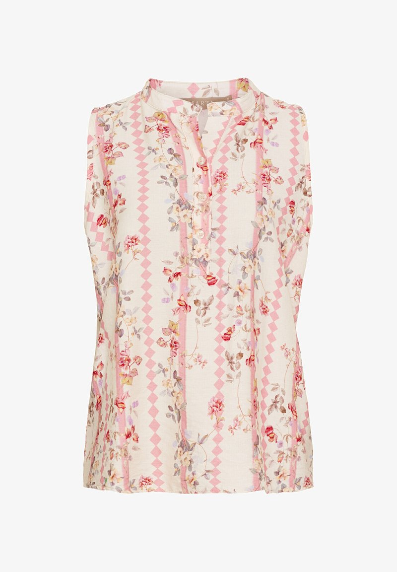 Sleevless bluse i creme med pink blomster- og geometriske mønstre, med knaplukning og mandarinkrave.