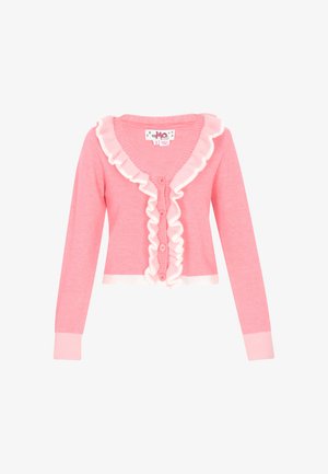 Cardigan roz cu mâneci lungi, guler în V și dantelă albă pe marginea din față. Are cinci nasturi și manșete și tiv dantelat.