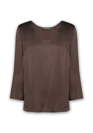 Braune Bluse mit langen Ärmeln aus glattem Stoff, mit rundem Ausschnitt und leicht lockerer Passform. Keine sichtbaren Muster oder Metallteile.