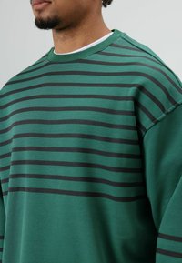 Groene sweatshirt met horizontale zwarte strepen, een ronde halslijn en een losse pasvorm. Gemaakt van zachte katoenen stof met een subtiele textuur.
