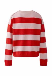 Pullover mit roten und pinken Streifen, Strickmaterial, kastige Form, Rundhalsausschnitt, lange Ärmel, mit kontrastierenden horizontalen Streifen und gerippten Bündchen.
