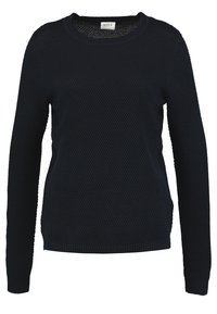 Mörkblå stickad tröja med långa ärmar, rundad hals, texturerad tyg och ribbade muddar och avslut. Inga synliga mönster eller detaljer.