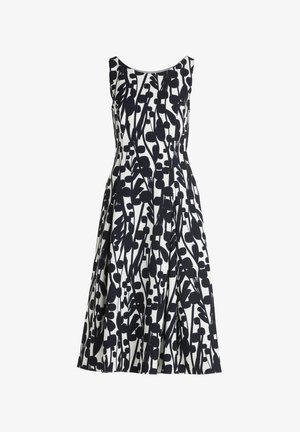 Schwarz-weißes Kleid mit floralem Druck, das ein ärmelloses Design, einen taillierten Oberteil und einen ausgestellt Rock mit Falten aufweist.