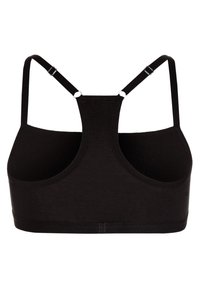 Svart sportsbh med racerback-design, justerbare stropper og en glatt, elastisk kant. Laget av elastisk stoff med en strukturert overflate.