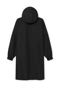 Black, long raincoat with a hood, elastic cuffs, and a smooth, matte texture. Features a loose, oversized design and minimal detailing.