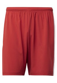Rote Sportshorts aus leichtem Material. Mit elastischem Bund und kontrastierenden weißen Seit Streifen. Keine sichtbaren Muster.