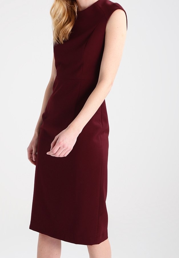 Bordeaux mouwloze jurk met een getailleerde silhouet, knielange zoom, gladde textuur en eenvoudige ronde halslijn.