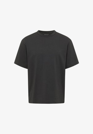 Schlichtes schwarzes T-Shirt mit Rundhalsausschnitt und kurzen Ärmeln in legerer Passform, vor weißem Hintergrund dargestellt.