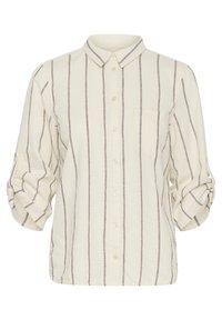 Lys beige skjorte med knapper, vandret stribede brune striber, krave og opviklede ærmer. Har en brystlomme og blødt, tekstureret stof.