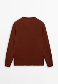 Maglione marrone con scollo rotondo, maniche lunghe e polsini e orlo a costine. Tessuto morbido e texturizzato con un design a tinta unita.