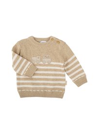 Suéter de punto beige con rayas blancas horizontales, cuello redondo, puños y dobladillo acanalados, que presenta un gráfico de tren y oso en la parte delantera.