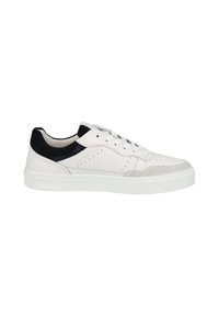 Sneakers med vitt läder och grå mockaidetaljer, utrustade med en svart hälkappa och Vita snören. Låg profil med perforerade detaljer.