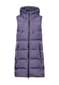 Gilet rembourré à capuche violet avec une fermeture éclair sur le devant, des poches latérales et des cordons de serrage ajustables. Texture lisse et matelassée avec une coupe moderne.