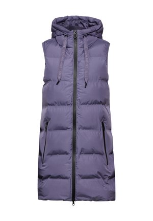 Gilet rembourré à capuche violet avec une fermeture éclair sur le devant, des poches latérales et des cordons de serrage ajustables. Texture lisse et matelassée avec une coupe moderne.