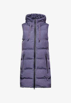 Lila, kapuzenähnliche Daunenweste mit durchgehendem Reißverschluss auf der Vorderseite, seitlichen Taschen und verstellbaren Kordeln. Glatte, gesteppte Textur mit modernem Schnitt.