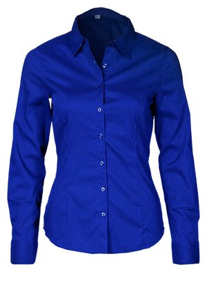 Blue long-sleeve fitted button-up shirt with a collar and front buttons, displayed against a white background.