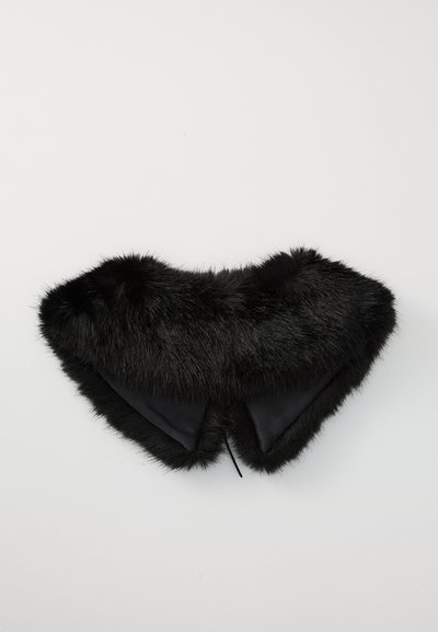 Black faux fur collar with a smooth satin lining, featuring a distinctive shape resembling a butterfly with pointed ends.