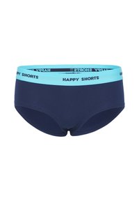 Navy blue cotton boyshorts with a light blue elastic waistband reading "HAPPY SHORTS" in black. Smooth texture and fitted design.