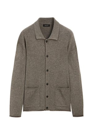 Grijze gebreide cardigan met een kraag, knoopsluiting en twee vo pockets. Zachte textuur, lange mouwen en casual pasvorm.
