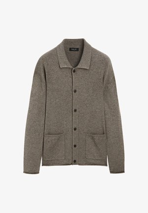 Grijze gebreide cardigan met een kraag, knoopsluiting en twee vo pockets. Zachte textuur, lange mouwen en casual pasvorm.