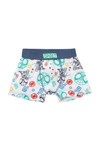 Boys' underwear with a blue waistband featuring a "SPIDEY" label. Light background with colorful designs: Spiderman, stars, and geometric shapes.