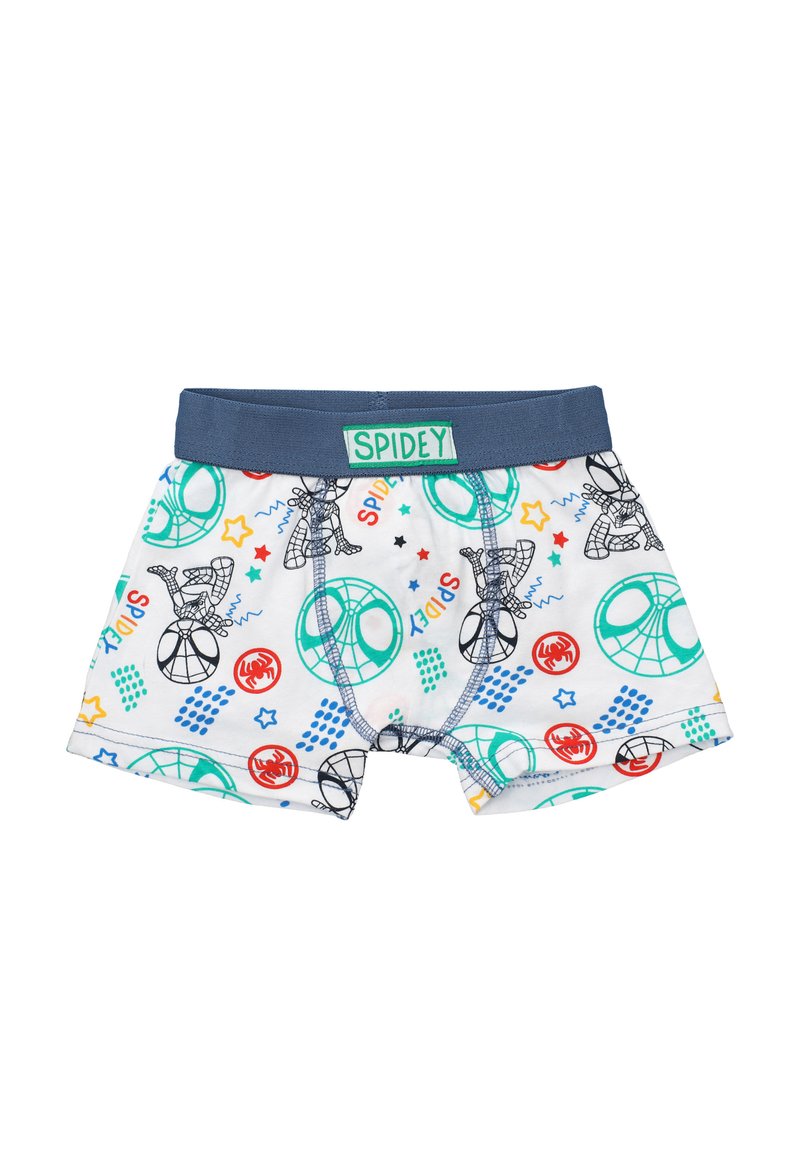 Boys' underwear with a blue waistband featuring a "SPIDEY" label. Light background with colorful designs: Spiderman, stars, and geometric shapes.