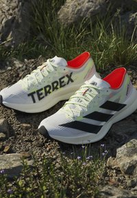 Ζευγάρι λευκά παπούτσια για τρέξιμο Adidas Terrex με μαύρες ρίγες και πορτοκαλί εσωτερικό τοποθετημένα σε βραχώδες έδαφος με χορτάρι και μικρά μωβ λουλούδια.