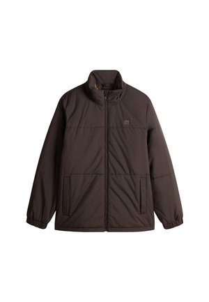 Dunkelbraune, wattierte Vans-Jacke mit Frontreißverschluss, zwei Seitentaschen, elastischen Bündchen und kurzem Stehkragen.