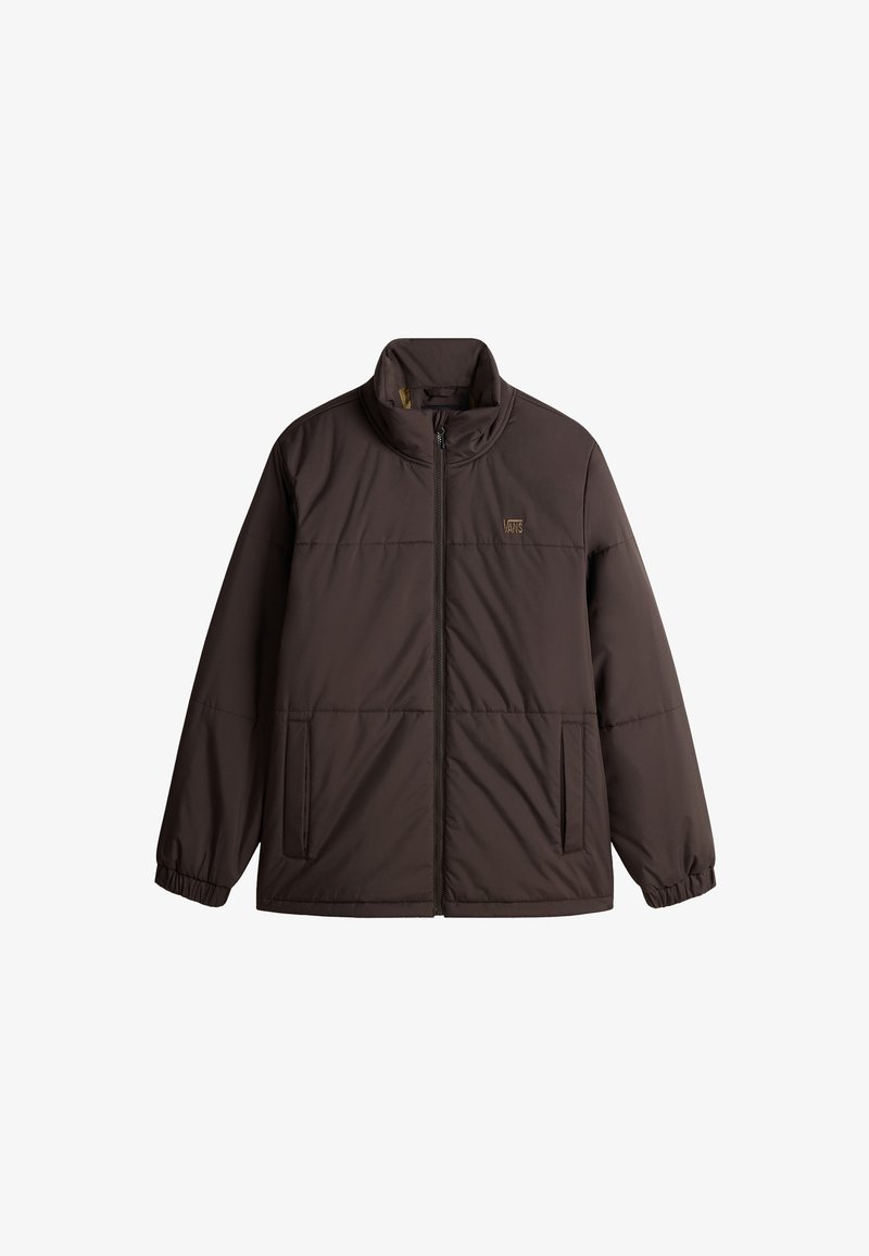 Veste matelassée Vans marron foncé avec fermeture éclair frontale, deux poches latérales, poignets élastiques et un col court montant.